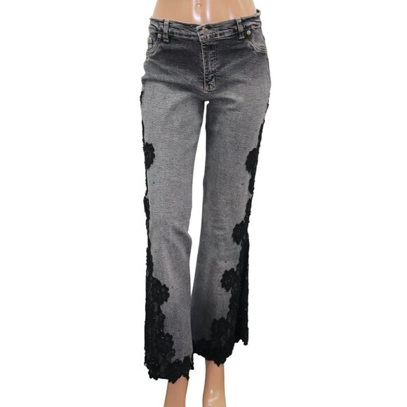 Gray Bootcut Flare Jeans with Black Lace Appliqué Trim 30 - Picture 1 of 10